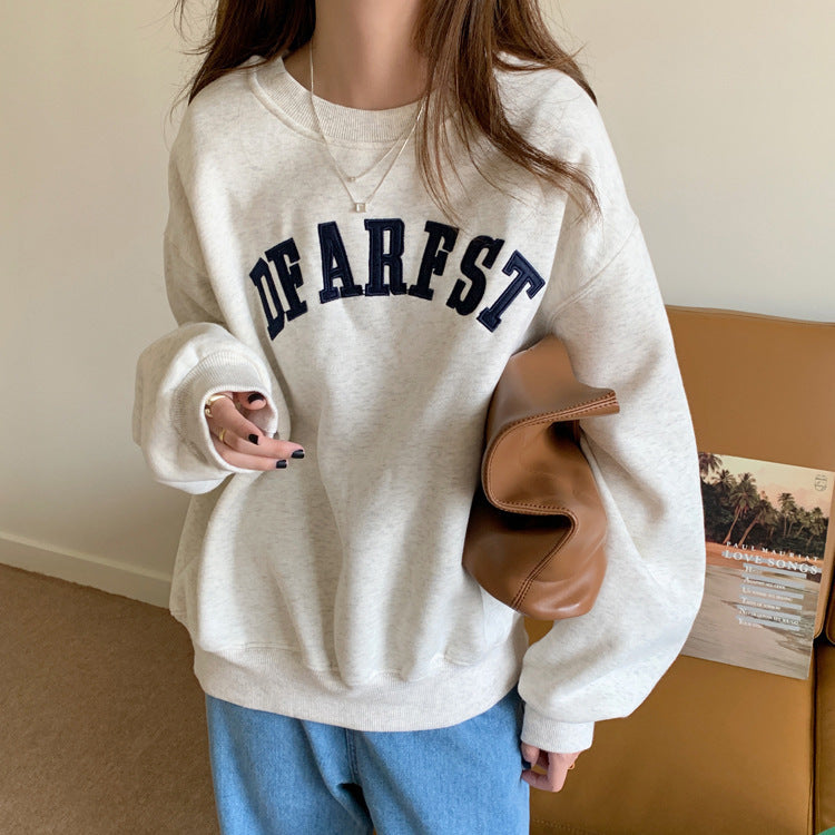 Embroidered Letter Loose Round Neck Long Sleeve Top