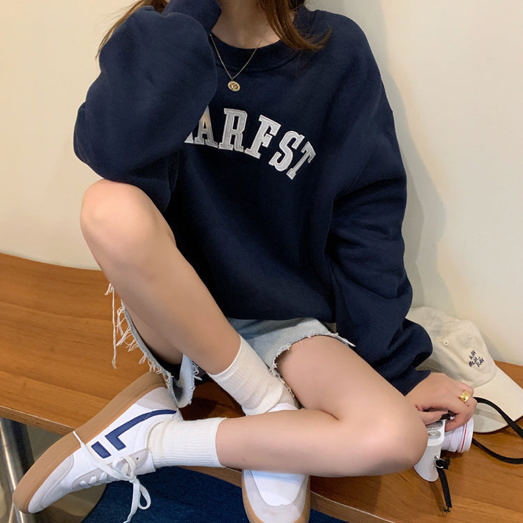 Embroidered Letter Loose Round Neck Long Sleeve Top