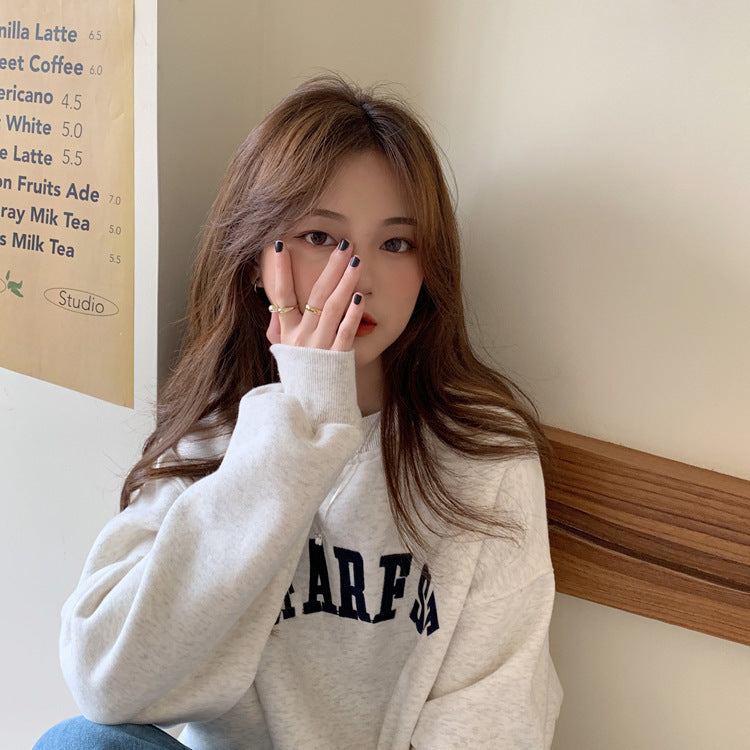 Embroidered Letter Loose Round Neck Long Sleeve Top