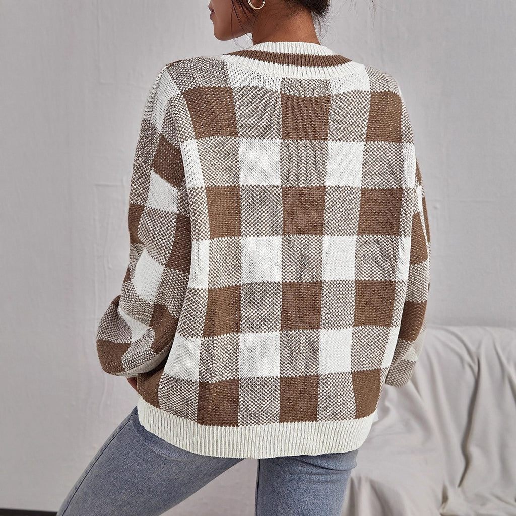 Color-contrast Check Sweater Pullover Loose